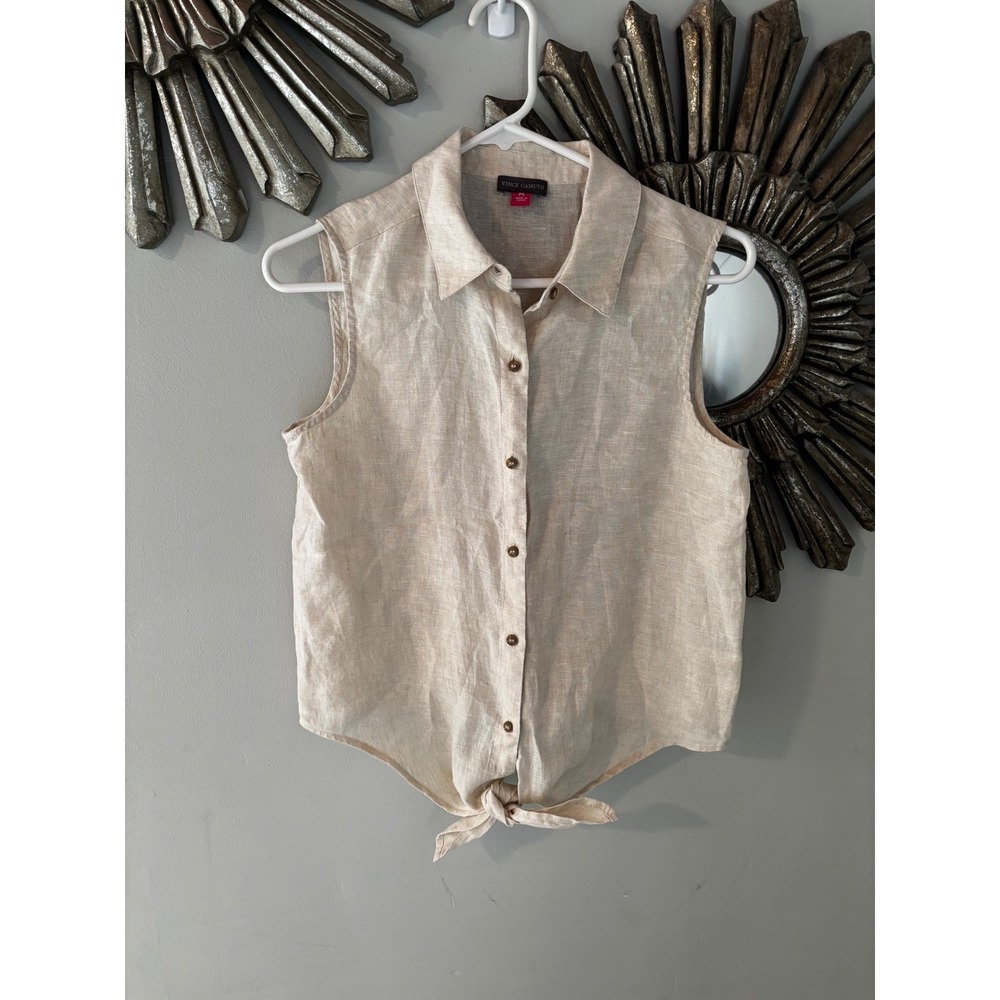 Vince Camuto Womens PS Petite Beige 100% Linen Sleeveless Tie Front Button Shirt